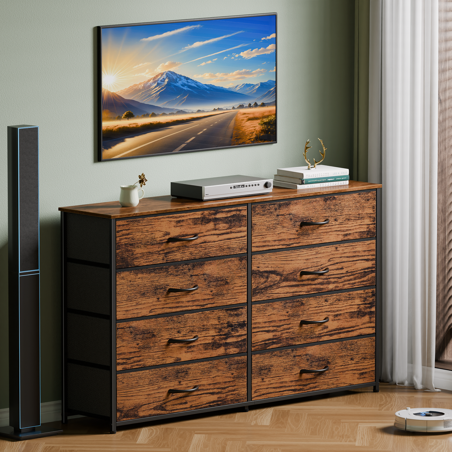 Tydimor 8 Fabric Drawers Dressers for Bedroom Wide Dresser TV Stand for 55" TVs, Chest of Drawers, Rustic Brown