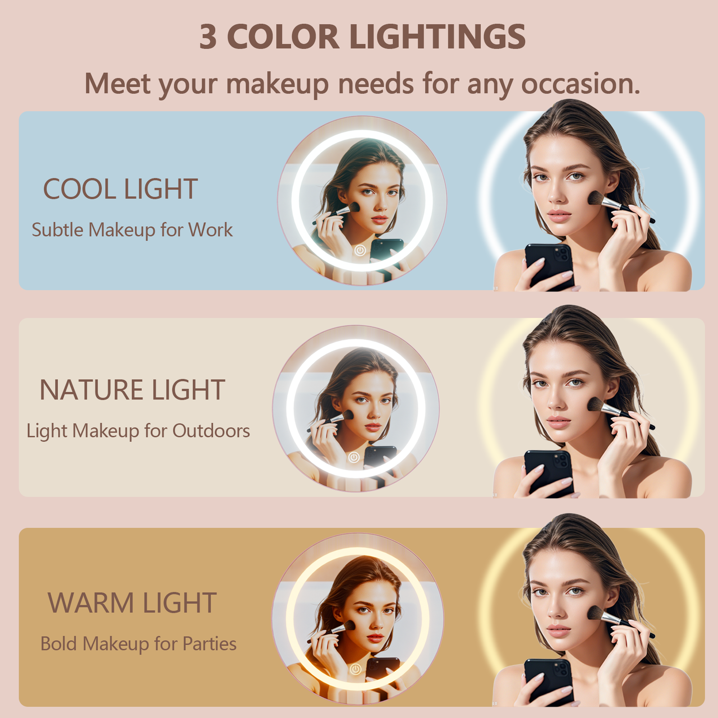 Satifur Vanity Desk with Mirror & Lights, GRWM Vanity with Drawers, Makeup Dressing Table with Stool & Charging, Pink