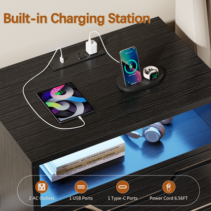 Satifur Charging Nightstand with Power Strip, Bedside Table with 2 Drawers & Open Shelf, Modern End Table with USB & Type-C Ports for Living Room, Black