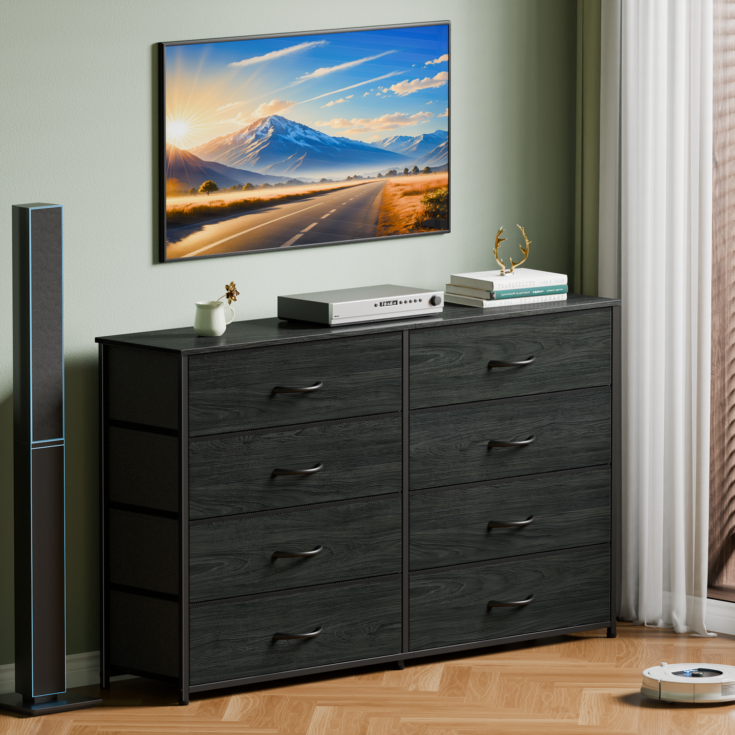 Tydimor Black 8 Fabric Drawers Dressers for Bedroom Wide Dresser TV Stand for 55" TVs, Chest of Drawers