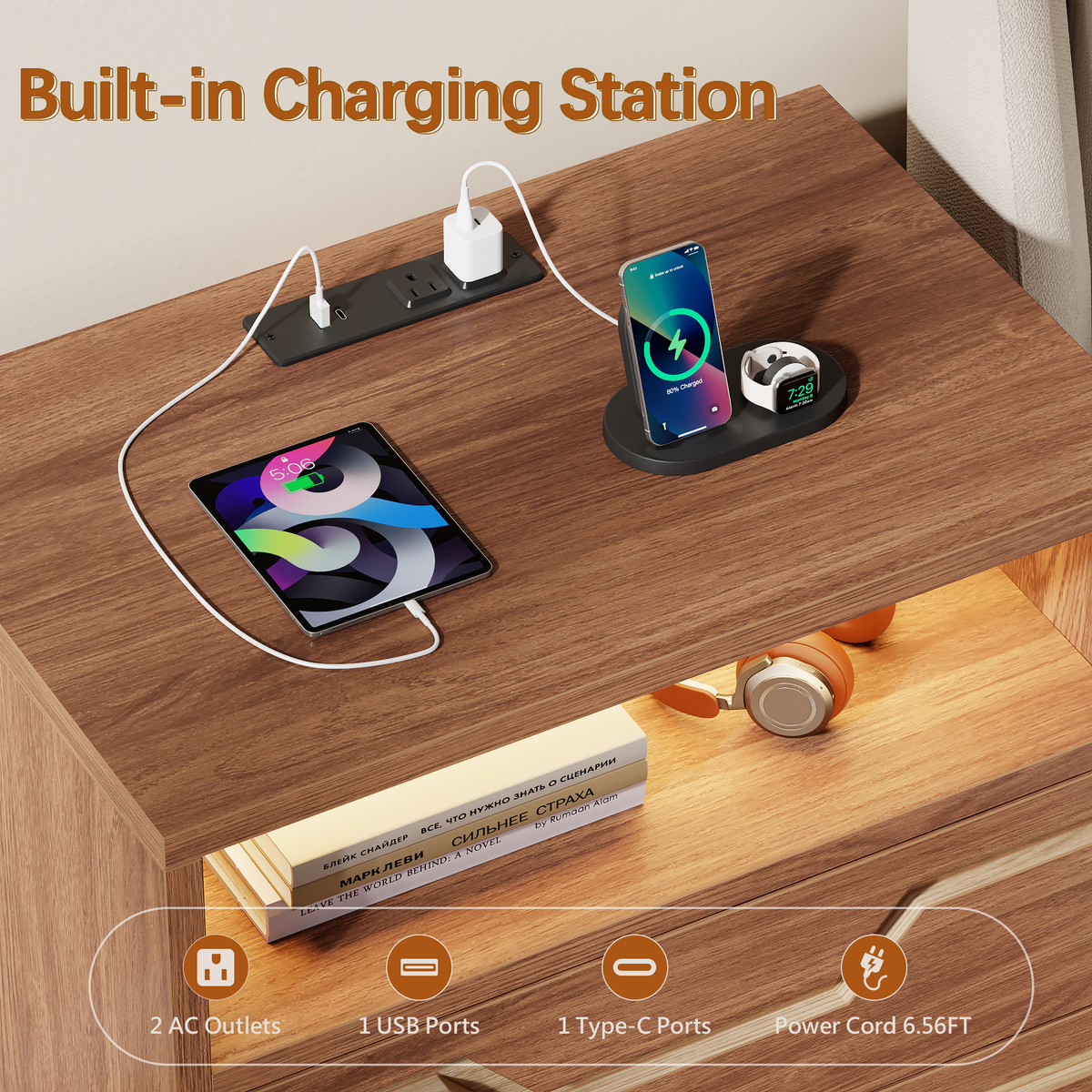 Satifur Charging Nightstand with Power Strip, Bedside Table with 2 Drawers & Open Shelf, Modern End Table with USB & Type-C Ports for Living Room, Cherry Wood