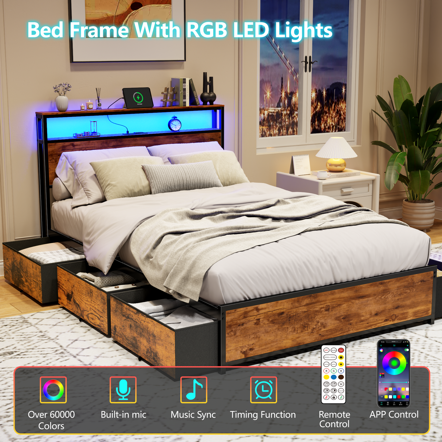 Satifur Full Bed Frame with 6 Storage Drawers, Metal Platform Bed Frame with 2-Tier Storage Headboard & LED, Built in Charging Station, Noise-Free, No Box Spring Needed, Rustic Brown