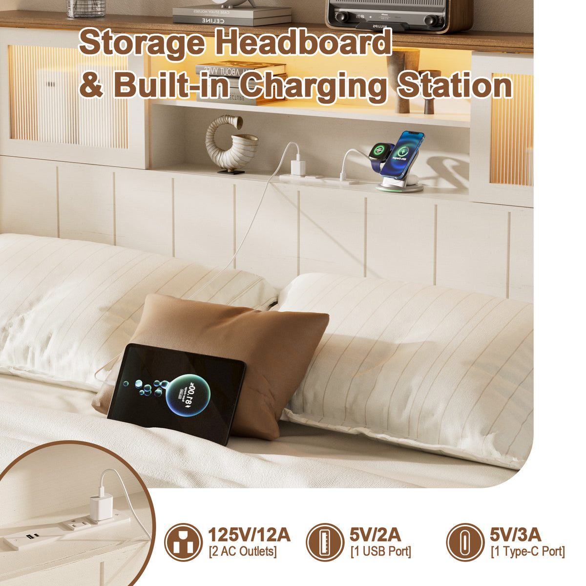 Satifur Metal Platform Bed Frame with Storage Drawers & RGB LED Strip Light, Built‑in Charging Station, No Box Spring Needed, White & Walnut Brown