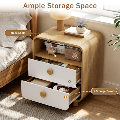 Satifur 2-Drawer Nightstand, White Bedside Table with Open Shelf & Wood Frame, Compact Storage for Bedroom, Living Room