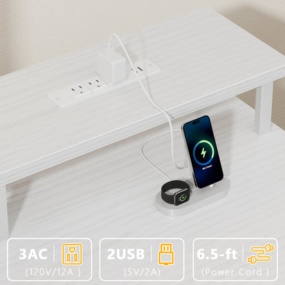 Satifur Gaming Desk with LED Lights & Power Outlets, 55" Computer Desk with 5 Fabric Drawers & Open Storage, Reversible Home Office Desk,White