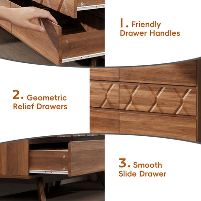 Tydimor 6 Drawer Wooden Geometric Dresser, 47" Wide Mid Century Textured Chest of Drawers, Bedroom Storage Cabinet & TV Stand, Walnut