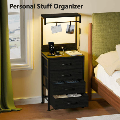 Satifur Tall Nightstand with Charging Station and Drawers, Bedside Table with 4 Fabric Drawers, LED Lights, and 2 Storage Shelves, Black Oak