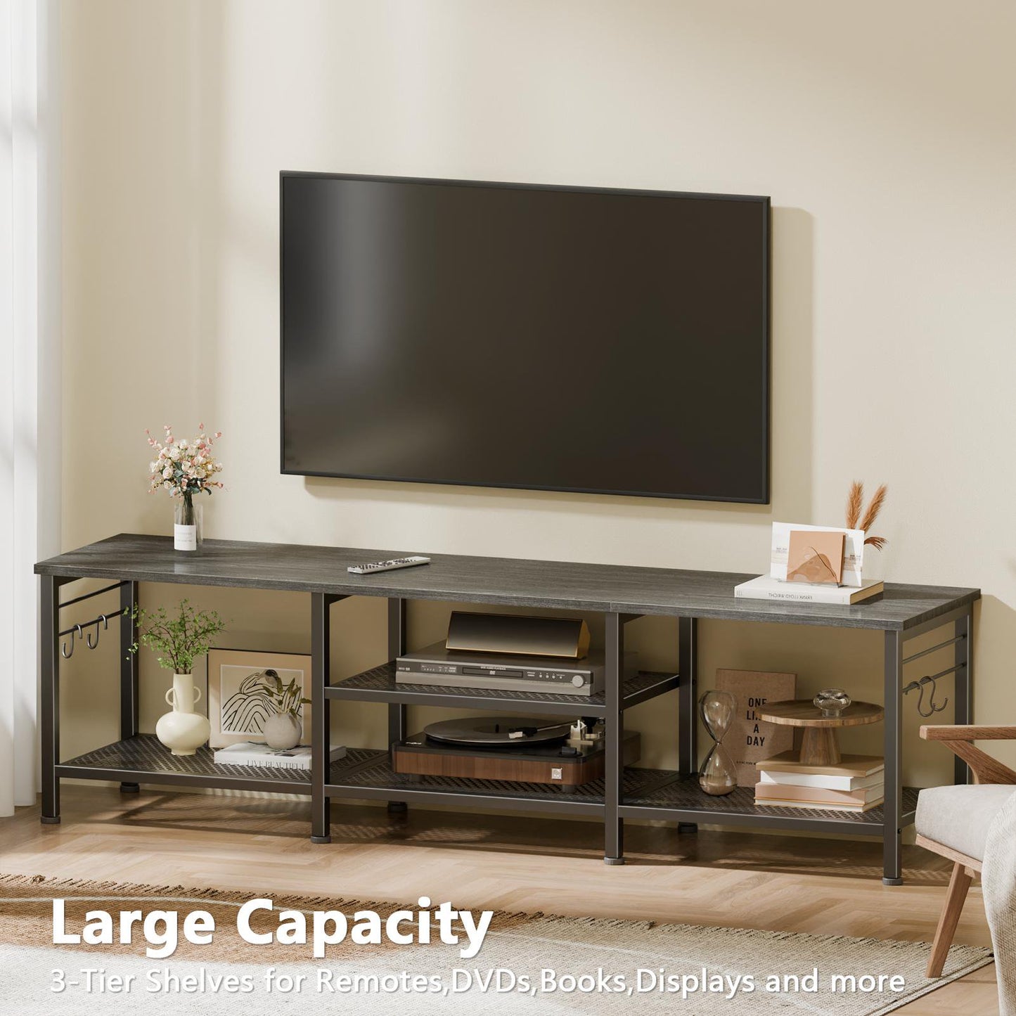 Tydimor Modern TV Stand for TVs up to 70" TVs, Media Console Table for Living Room, Entertainment Center with Storage, Light Black Oak