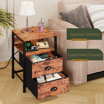Satifur Night Stand Set of 2 with Charging Station,LED Nightstand with Fabric Drawers Bed Side Table,Rustic Brown