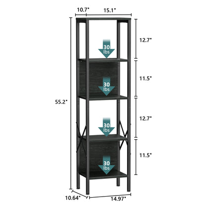 Satifur Bookshelf with 2 Large Backboards, Narrow Bookcase for Space Saving, Industrial Bookshelf with 5 Shelves for Office,Bathroom,Bedroom,Black Oak Finish