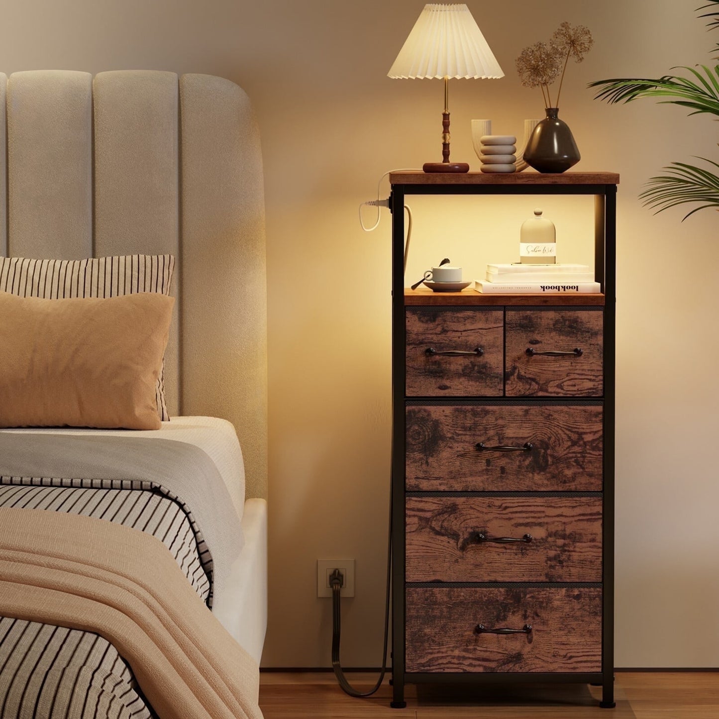 TYDIMOR Small Dresser for Bedroom, 5 Drawer with Charging Station, Brown, Ideal for Adults