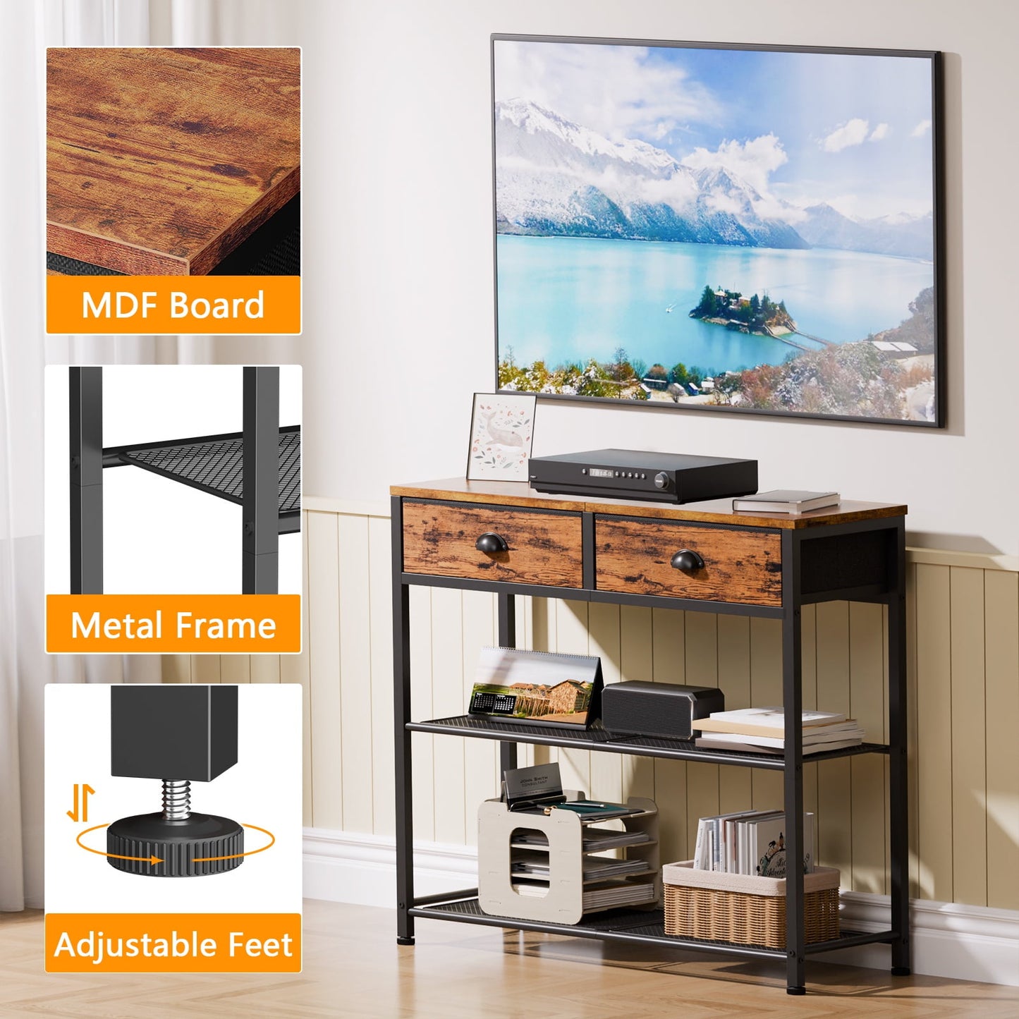 Satifur 30 inch Extra Long Entryway Table with Upgraded Fabric Drawers Console Table Metal Frame with Shelves for Living Room, Hallway