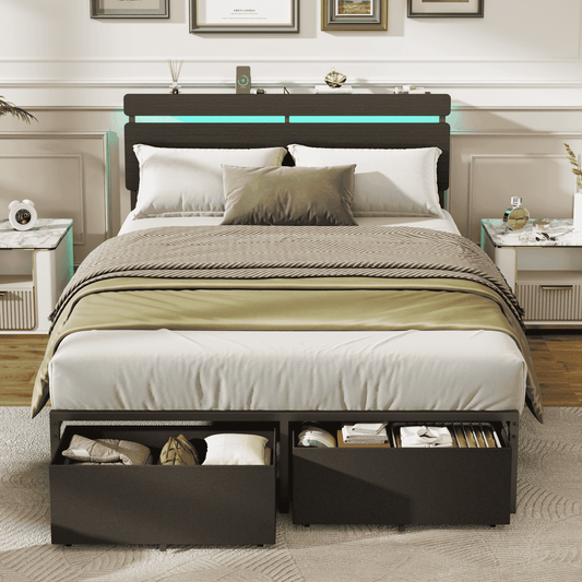 Satifur Full Size Bed Frame with 2 Drawers & LED Lights & Charging Station, Beds with Headboard & 10.10" Under Bed Storage, No Box Spring Needed, Easy Assembly, Black