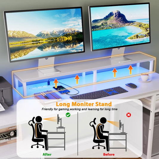Furologee Gaming Desk with LED Light & Power Outlets, Reversible Computer Desk with File Cabinet & Drawer, White Writing Table with Dual Monitor Stand for Home/Office