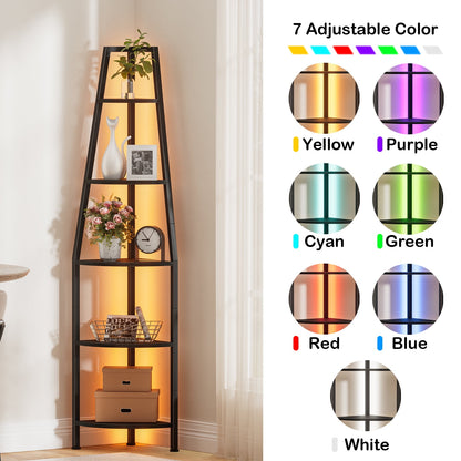 Satifur Corner Shelf Space Saving Freestanding Bookcase with LED Light Strip, Corner Bookshelf for Living Room Bedroom, Black