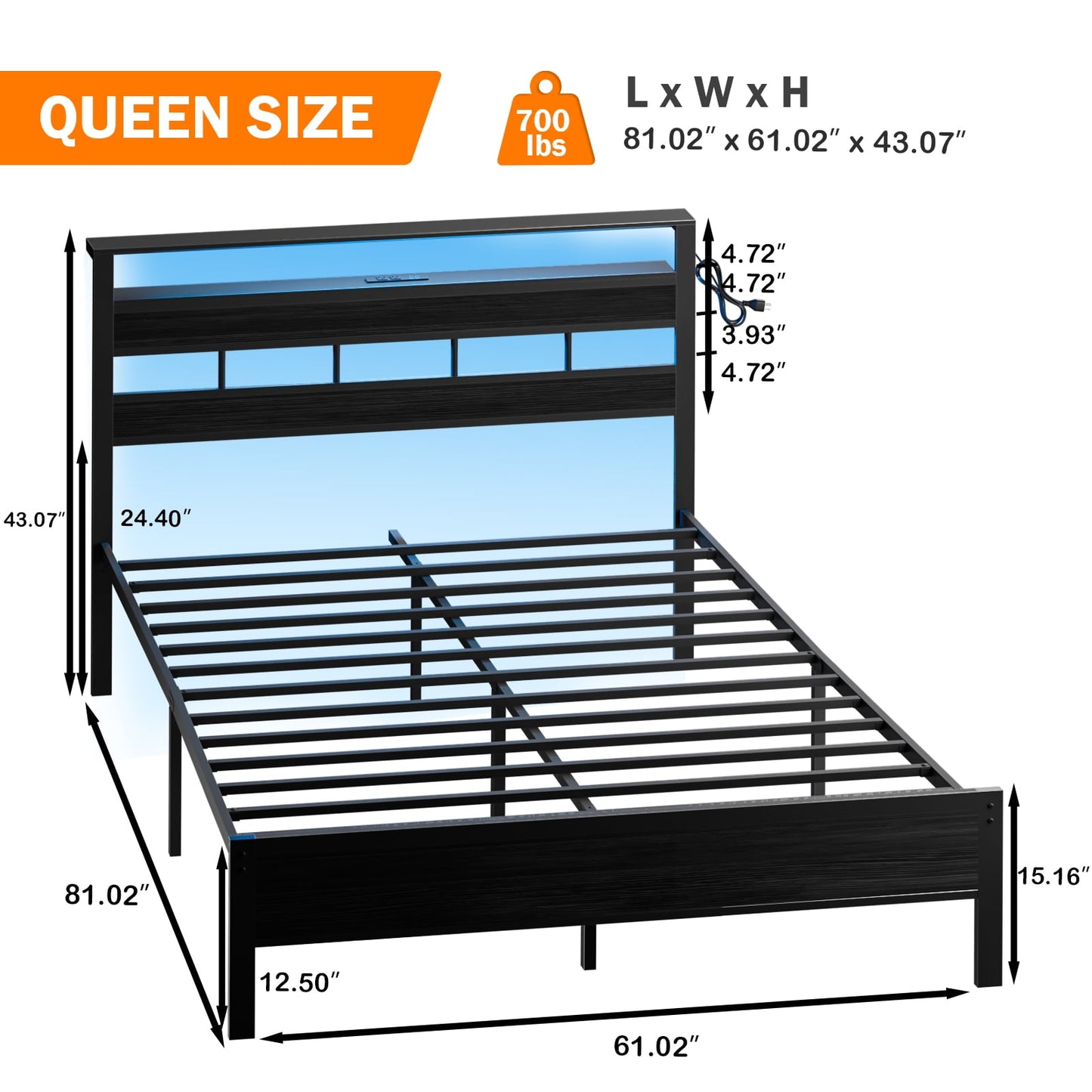 Satifur Queen Size Bed Frame with Upholstered Storage Headboard and LED Light, Platform Bed with Metal Slats, Noise Free Design