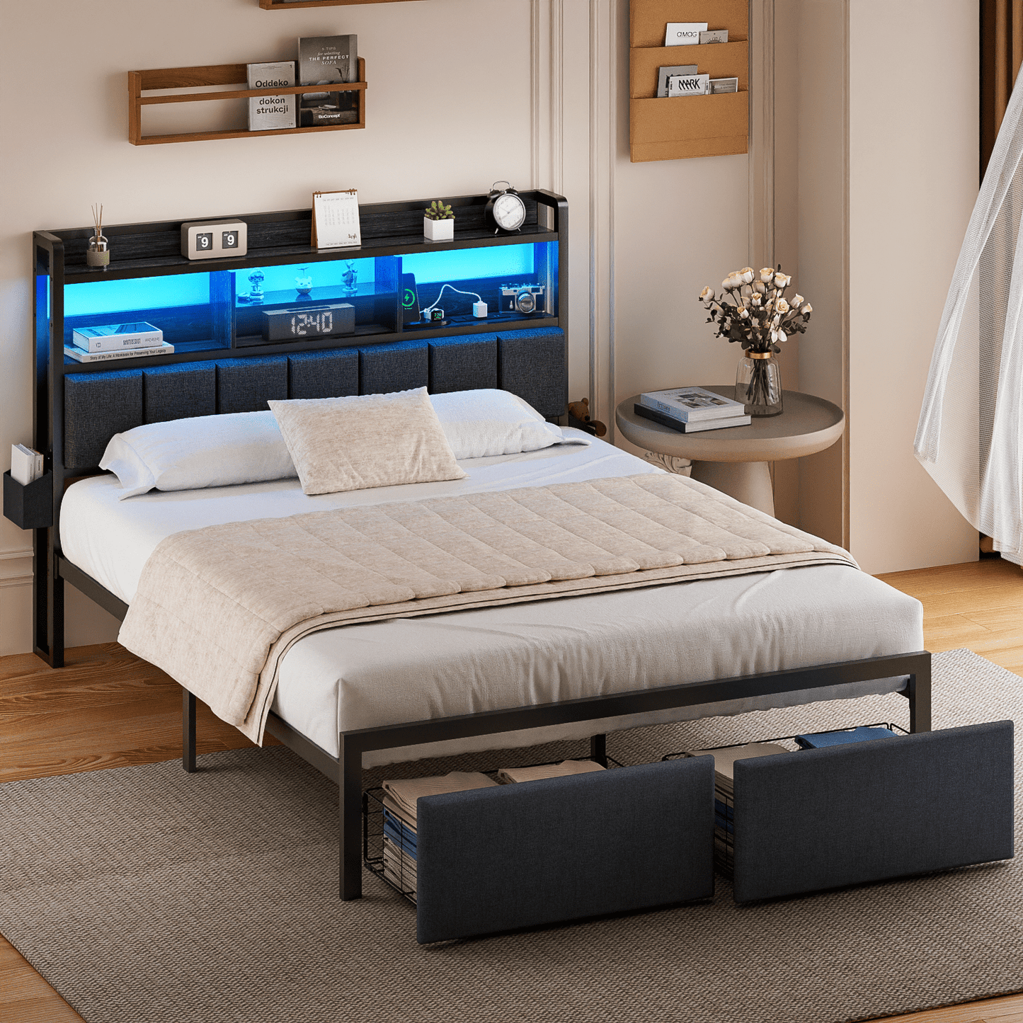 Hexmn Queen Size Bedroom Furniture Sets with Upholstered Storage Headboard & Outlets, LED Lights Standard Bed con Cajones, Niose Free