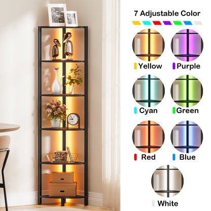Satifur Corner Shelf Bookcase with LED Light Strip, 6-Tier Corner Bookshelf for Living Room, Bedroom