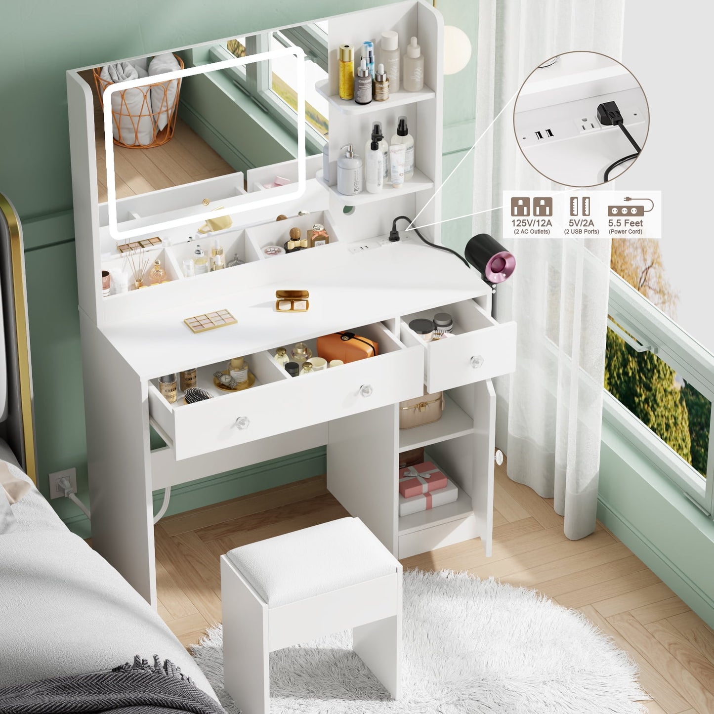 Tydimor Vanity Set with Mirror & Lights, Women Makeup Table with Charging Station, Sturdy Dressing Desk with Drawers & Stool