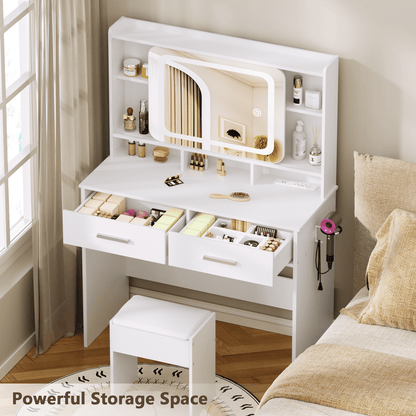 Hexmn lighted makeup vanities with stools, dressing Vanity tables with USB Power outlet, sliding mirror & storage shelves