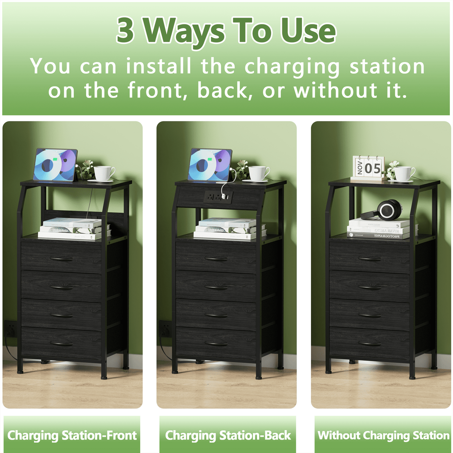 TYDIMOR Small Dresser for Bedroom, 4 Drawer with Charging Station, Black, Ideal for Adults