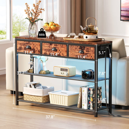 Satifur 38 inch Entryway Table with Power Outlets and Light, Console Table with 3 Fabric Drawers, Hallway Table, Rustic Brown