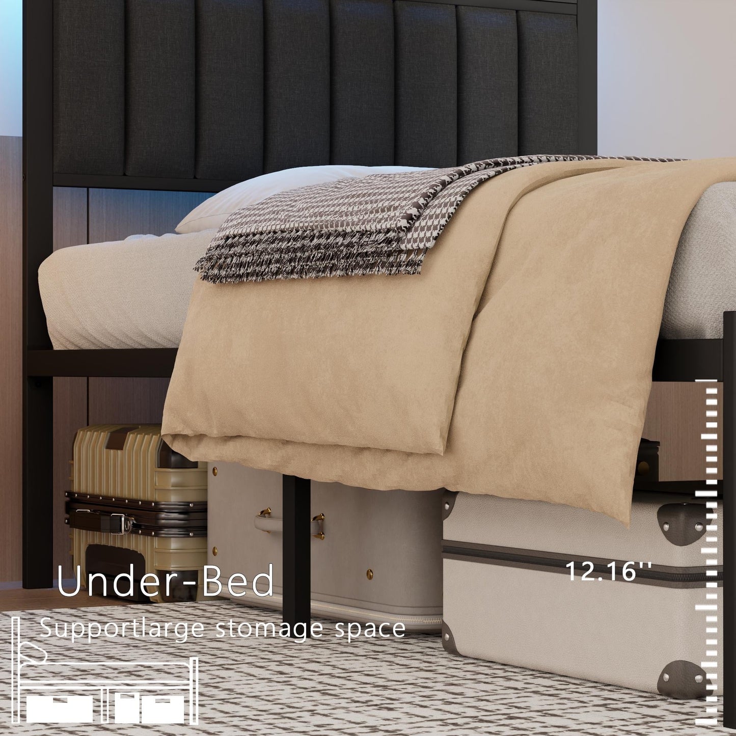Hexmn Twin Bed Frame with USB Ports and Outlets, LED Gaming Bed Metal Frame Underbed with Headboard, Niose Free