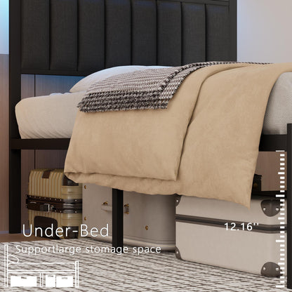 Hexmn Twin Bed Frame with USB Ports and Outlets, LED Gaming Bed Metal Frame Underbed with Headboard, Niose Free