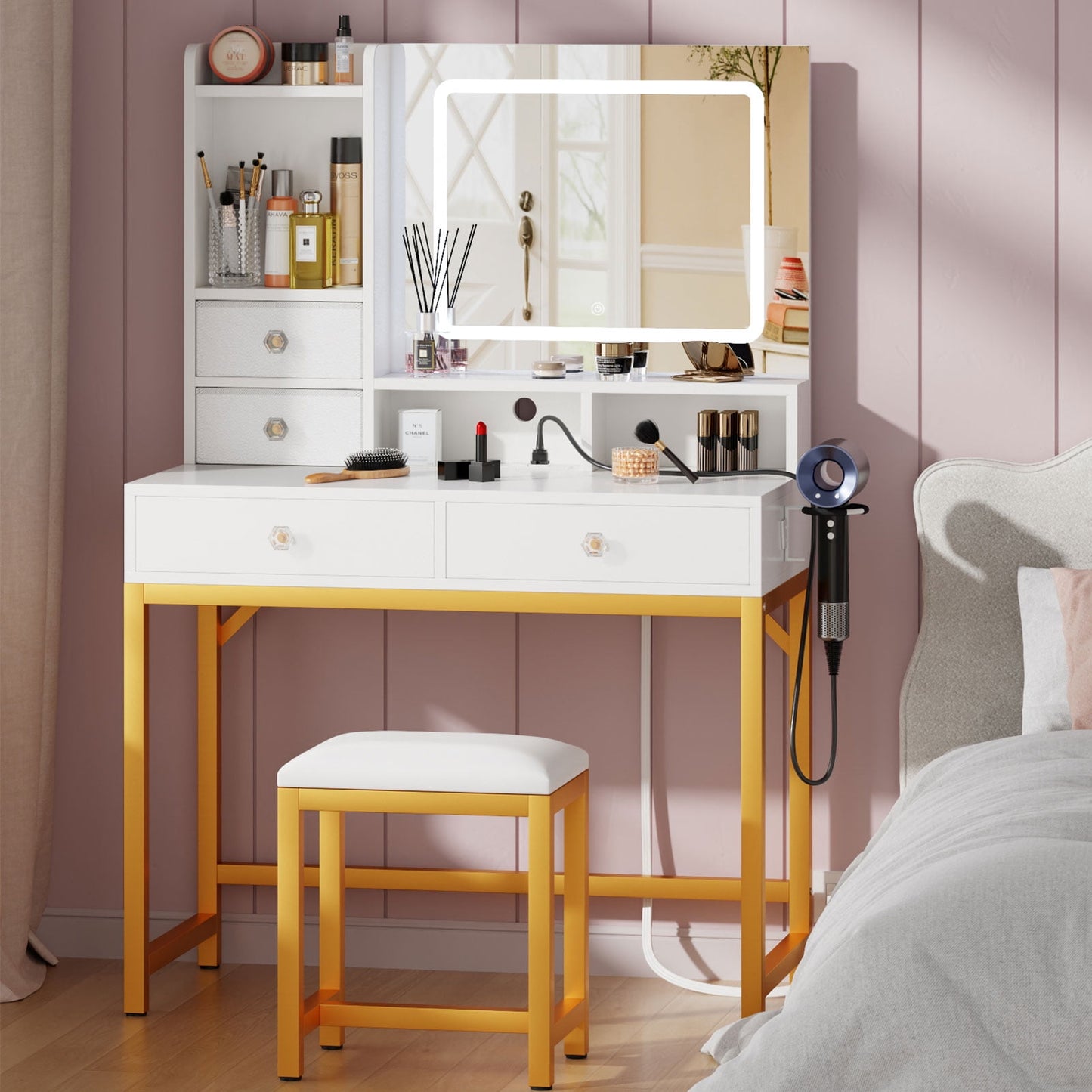 Satifur Lighted Makeup Vanity Set, Women Dressing Table with Outlets, Vanity Desk with Drawers & Stool