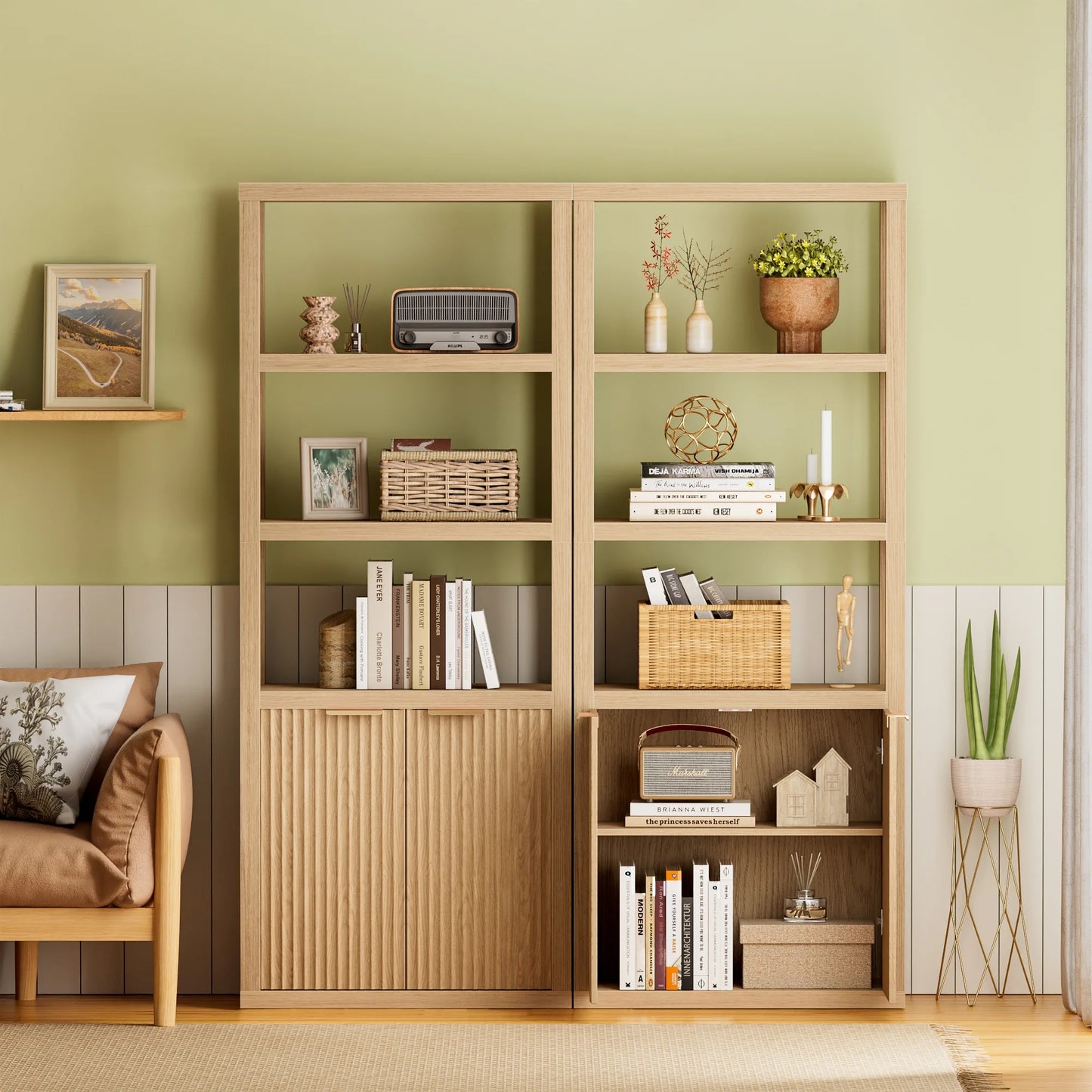 Satifur Bookshelf and Bookcase with Door, Floor Standing 5-Tier Shelf Display Storage Shelves, Tall Bookcases for Home Office, Living Room