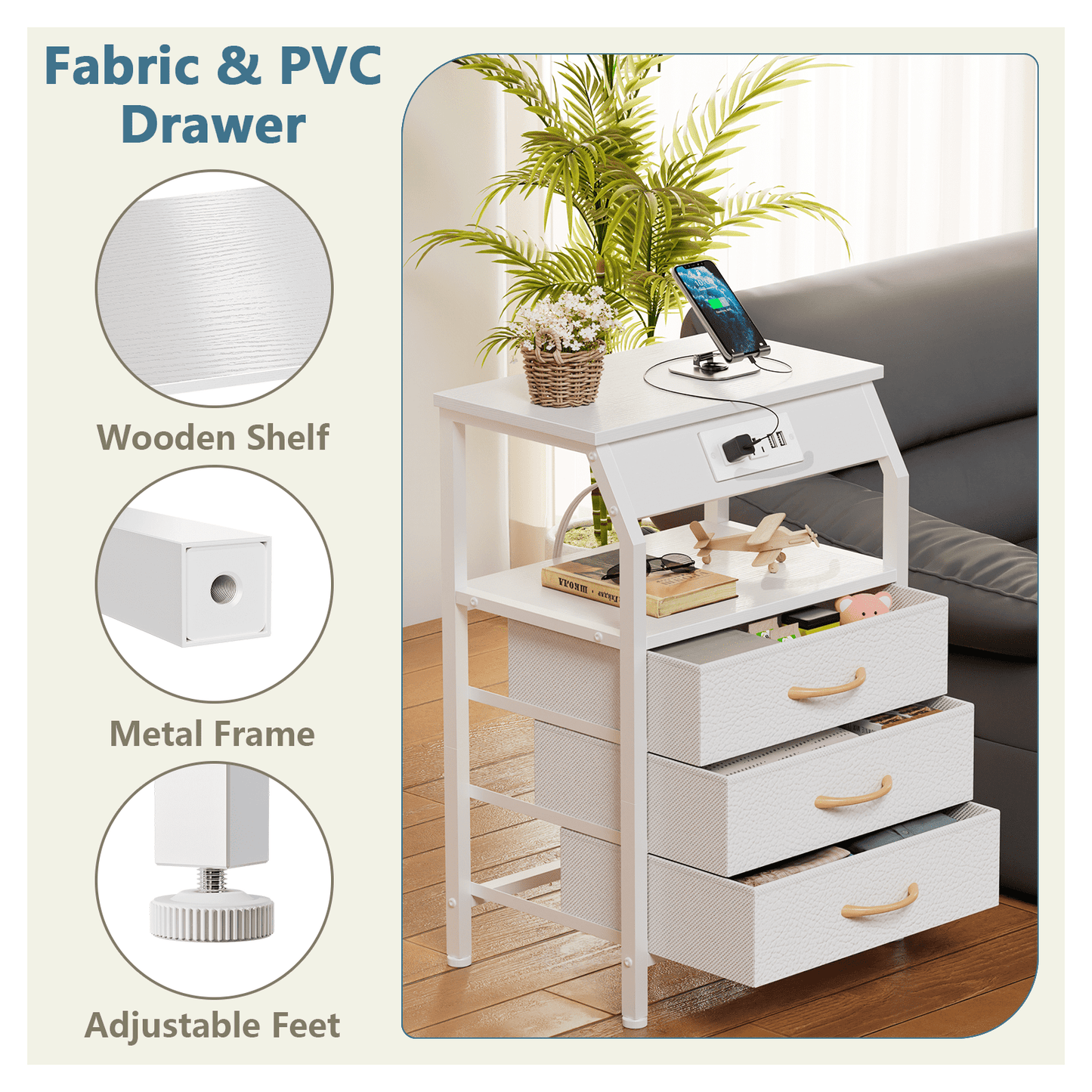 TYDIMOR Nightstand Bedside Table with Charging Station, 3 Drawer Dresser for Bedroom Furniture, White, Modern Style, Adults