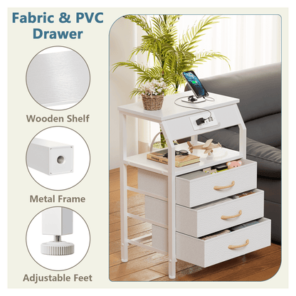 TYDIMOR Nightstand Bedside Table with Charging Station, 3 Drawer Dresser for Bedroom Furniture, White, Modern Style, Adults
