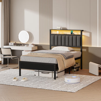 Hexmn Twin Bed Frame with USB Ports and Outlets, LED Gaming Bed Metal Frame Underbed with Headboard, Niose Free