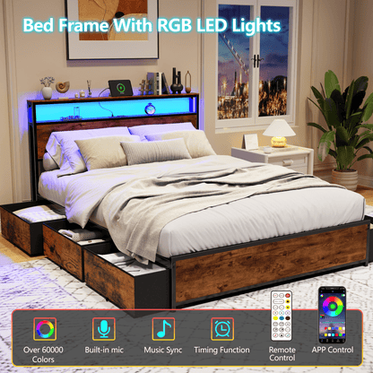 Tydimor Queen Bed Frame with 6 Storage Drawers, Metal Platform Bed Frame with 2-Tier Storage Headboard & LED, Built in Charging Station, Noise-Free, No Box Spring Needed, Rustic Brown