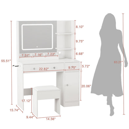Satifur Vanity Set with Mirror & Lights, Women Makeup Table with Charging Station, Sturdy Dressing Desk with Drawers & Stool