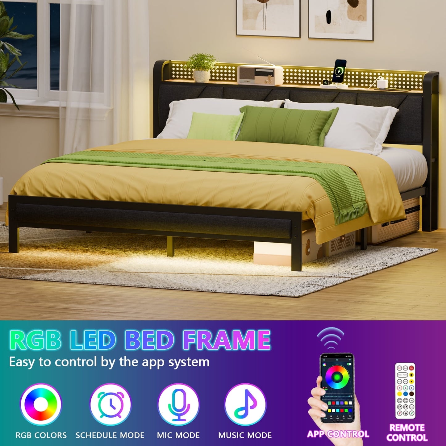 Hexmn King Size Metal Smart Bed Frame with Upholstered Headboard, LED Lights, USB Ports and Outlets, Storage Shelves & Underbed