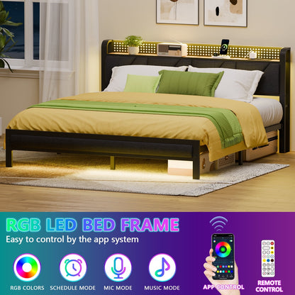 Hexmn King Size Metal Smart Bed Frame with Upholstered Headboard, LED Lights, USB Ports and Outlets, Storage Shelves & Underbed