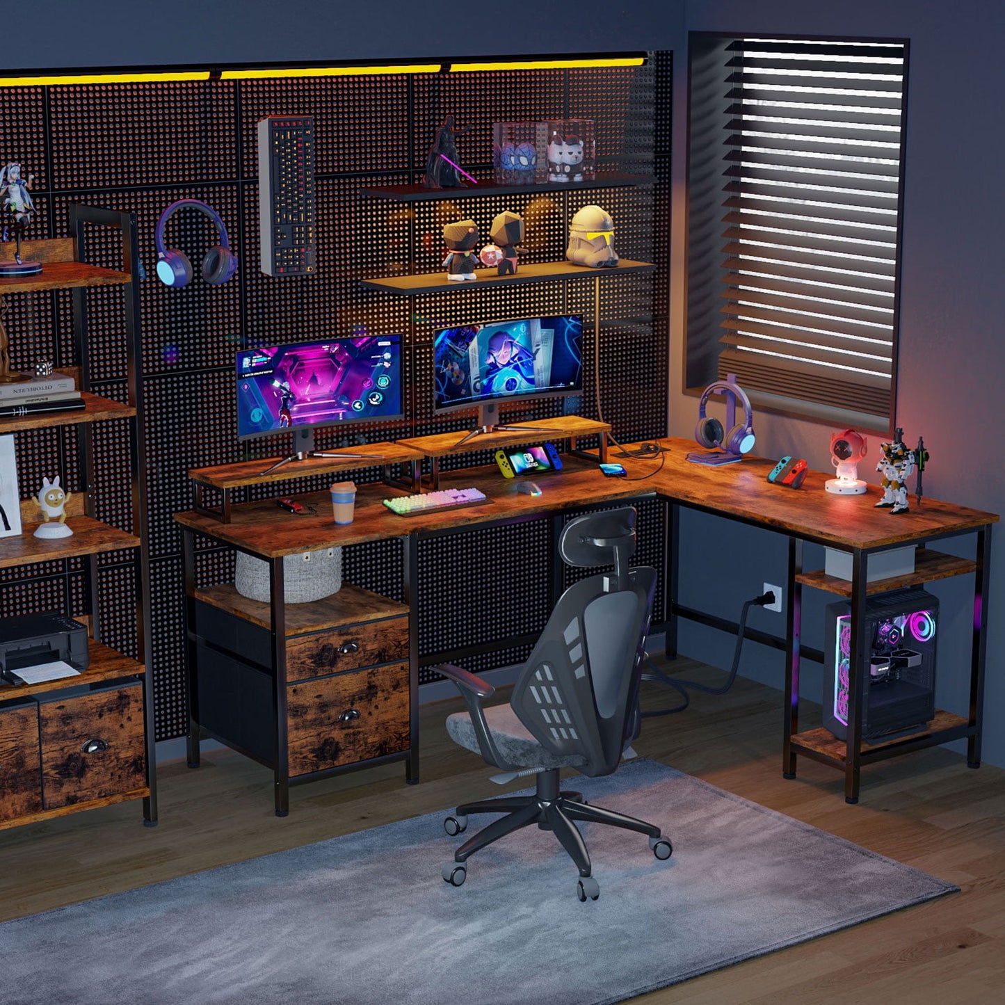 Furologee Computer Desk L-Shaped Reversible Desk with Drawers and 2 Monitor Stands, Rustic Brown
