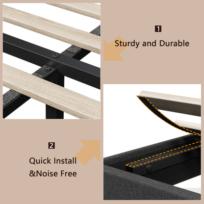 Tydimor Dark Gray Bed Frame with Charge Station, Queen Size Bed Frame with LED Lights & Upholstered Headboard, No Box Spring Needed, Linen Fabric