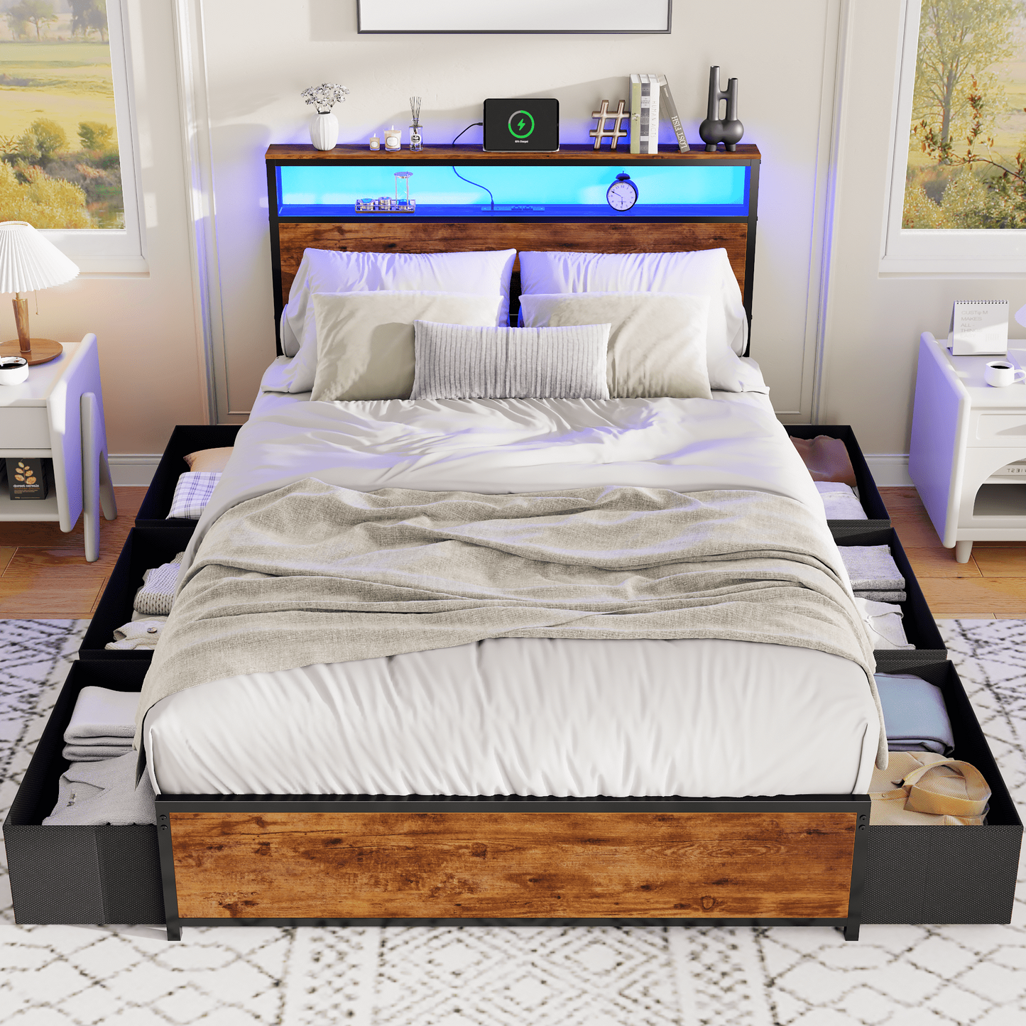 Tydimor Full Bed Frame with 6 Storage Drawers, Metal Platform Bed Frame with 2-Tier Storage Headboard & LED, Built in Charging Station, Noise-Free, No Box Spring Needed, Rustic Brown