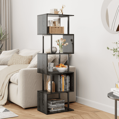 Satifur 5-Tier S-Shaped Geometric Bookcase, Industrial Freestanding Storage Shelving Unit,Black