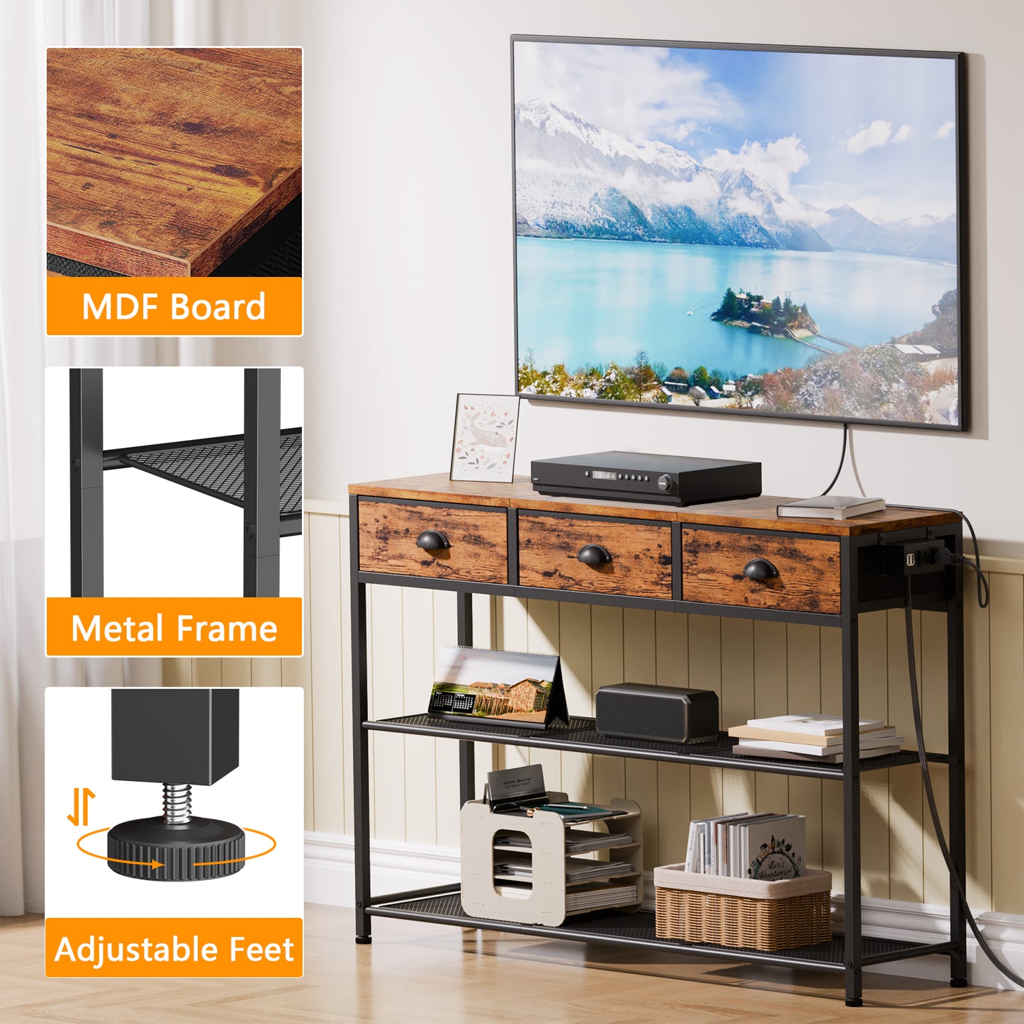 Satifur 38" Entryway Table with Power Outlets, Console Table with 3 Fabric Drawers, Hallway Table, Rustic Brown
