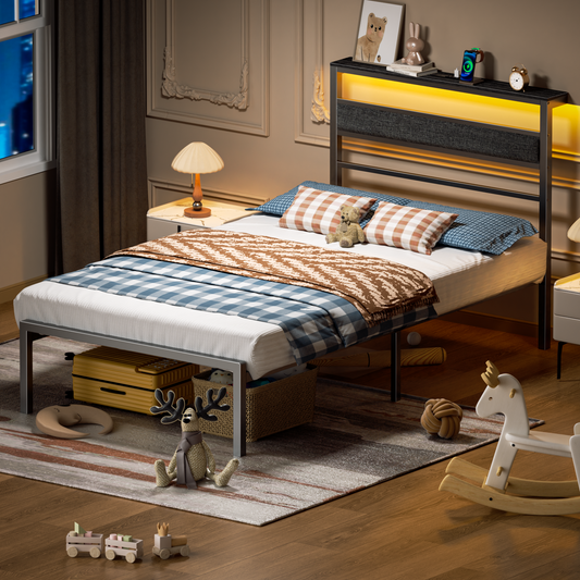 Satifur Twin Size Bed Frame with Upholstered Headboard & Shelf, LED Lights & USB Charging Station, Metal Black