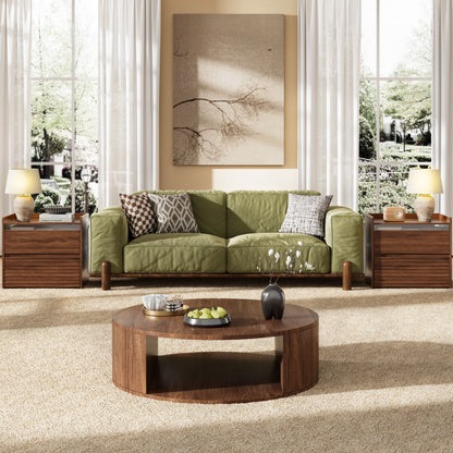 Satifur Nightstand with Charging Station & LED Lights, Smart Wooden Bedside Table with 2 Drawers, Fluted End Table, Walnut