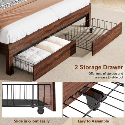 Satifur Queen Size Bed Frame with Storage Headboard & Charging Station, Wooden Platform Bed with 2 Large Storage Drawers, Heavy Duty Slats Support, No Box Spring Needed, American Walnut