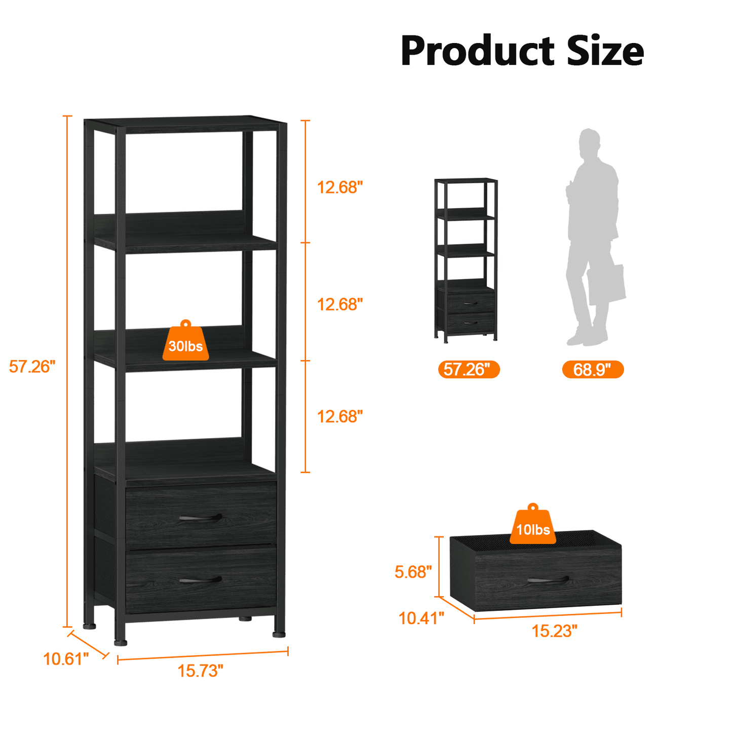 Satifur 4-Tier Bookshelf and Bookcase with 2 Removable Drawers, Narrow Display Shelf for Living Room, Black Oak