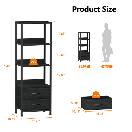 Satifur 4-Tier Bookshelf and Bookcase with 2 Removable Drawers, Narrow Display Shelf for Living Room, Black Oak