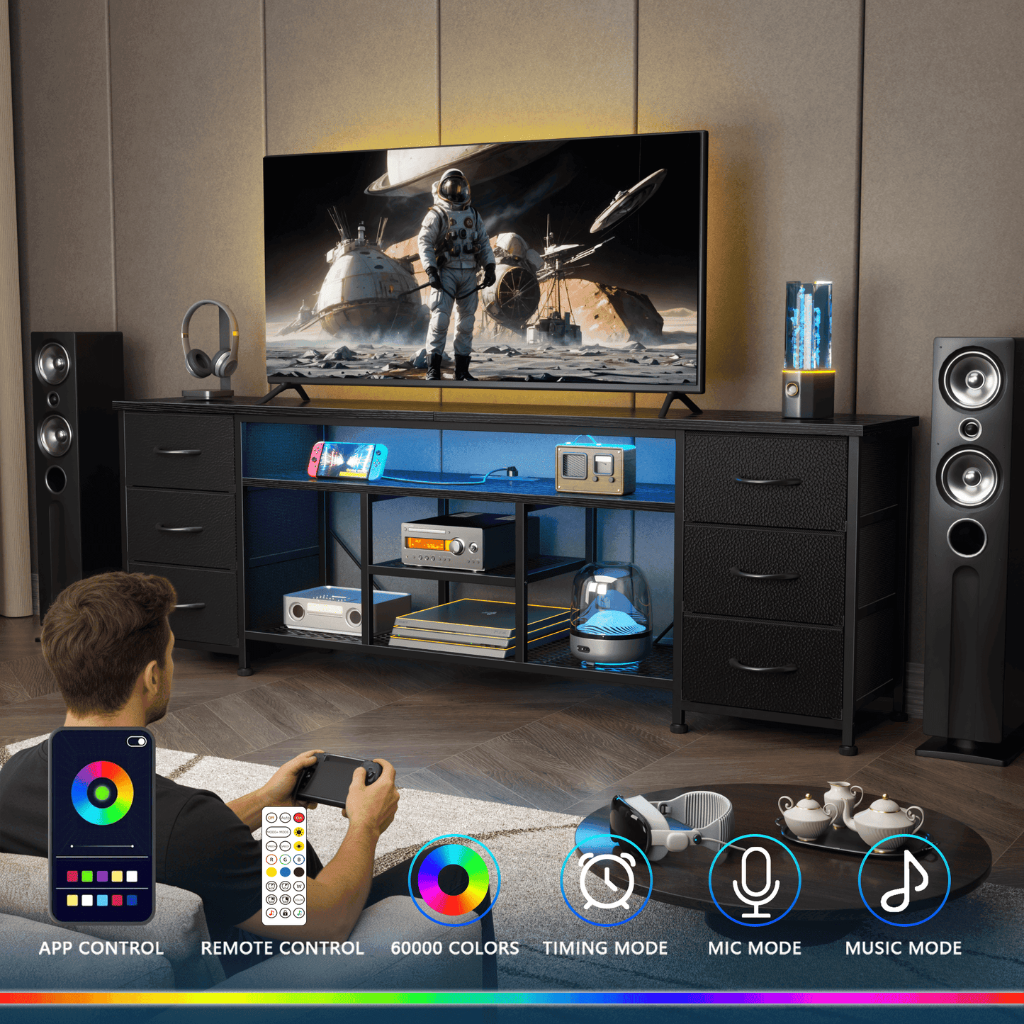 Tydimor Modern TV Stand for 65-70 inch TVs, LED Entertainment Center with Power Outlets and 6 Drawers, Media Console with Storage for Living Room, Black