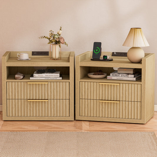 Satifur Modern Fluted Nightstand Set of 2 with Charging Station & 2 Storage Drawer for Bedroom