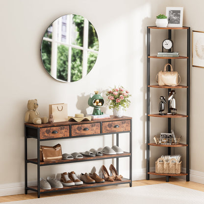 Satifur Corner Shelf Bookcase with LED Light Strip, 6-Tier Corner Bookshelf for Living Room,Bedroom,Kitchen,Rustic Brown